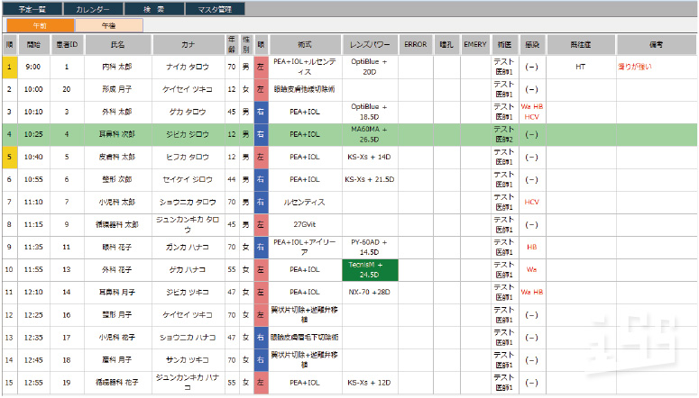 手術当日予定（オペ室表示）